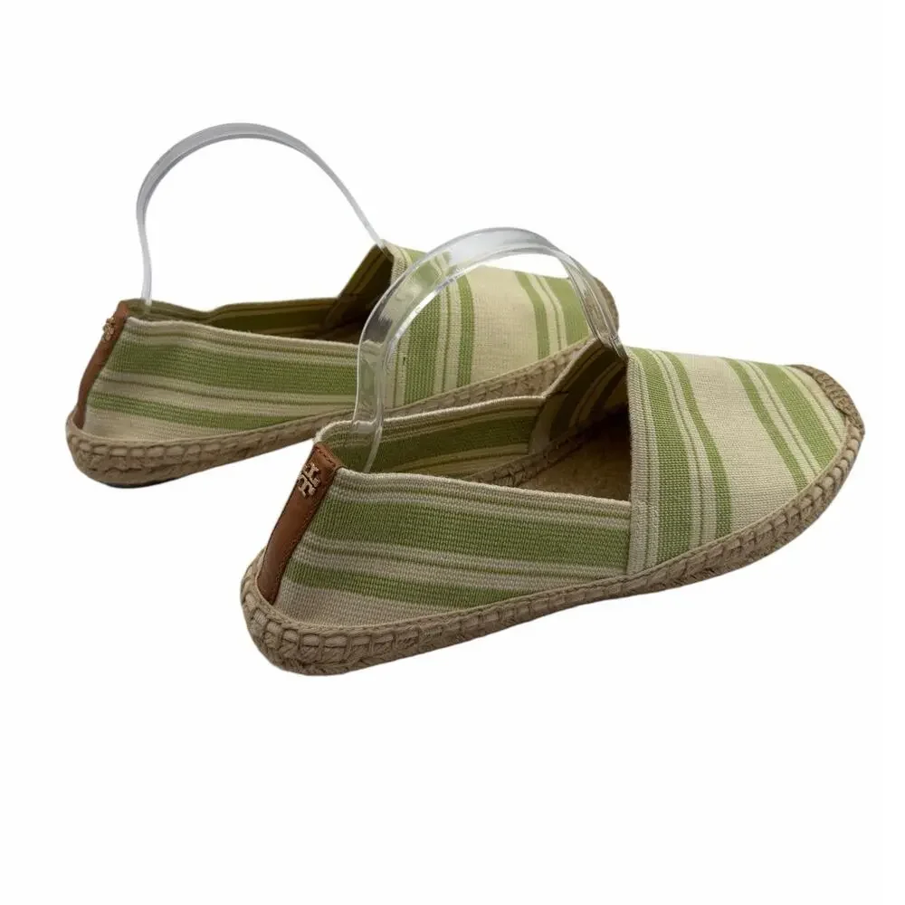 Tory Burch Striped Espadrille Slip-On Flats Green Ivory Canvas Jute Women’s 10